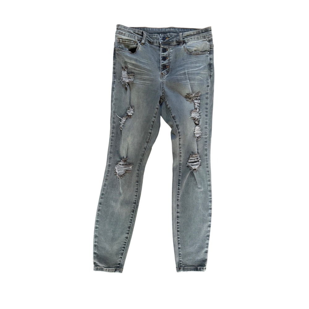 Grace & Lace Womens Size 10 Distressed Skinny Jeans Blue Button Fly Ripped Denim